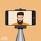 Stick for selfie. Monopod Selfie shots cartoon illustration.Young couple making self portrait. Man with beard hipster