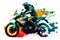 Sticker of Biker on sport motorcycle in watercolor style on white background. Neural network generated art