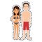 Sticker cartoon brunette woman and man caucasian with summer swimsuit