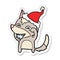 sticker cartoon of a hungry wolf wearing santa hat