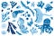 Sticker collection with cute simple marine creatures, sea or ocean flora and fauna in blue colours