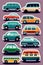 Sticker collection of vintage style cars.