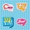 Sticker comic letters decoration fashion style icons dots background