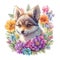 Sticker of cute wolf cub surrounded by flowers. Watercolor illustration on transparent background. Png. Adorable