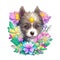 Sticker of cute wolf cub surrounded by flowers. Watercolor illustration on a transparent background. Png. Adorable