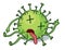 Sticker with a dead green coronavirus