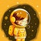 Sticker design of a cute astronaut girl in a bright yellow spacesuit, standing amidst a starry galaxy backdrop