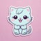 Sticker with die-cut in the form of a cat with a smile and a great tail, kawaii color background