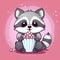 Sticker with die-cut in the form of a raccoon with a bag of popcorn, kawaii color background