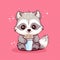 Sticker with die-cut in the form of a raccoon with a bag of popcorn, kawaii color background