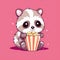 Sticker with die-cut in the form of a raccoon with a bag of popcorn, kawaii color background