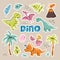 Sticker dinosaur cartoon set. Reptile flat collection, predators and herbivores dino, egg, volcano, palms, plants