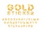 Sticker gold font. Paper golden alphabet curl corners, peel off elements, metal folding foil trendy latin letters and