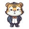 Sticker, happy colorful Tiger wearing tuxedo, kawaii, contour, vector, white background
