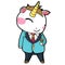 Sticker, happy colourful unicorn wearing tuxedo, kawaii, contour, vector, white background