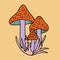 Sticker illustration from a 1970s set. Magic mushrooms grow among the grass. Bright commemorative design.