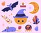 Sticker of magic, Halloween items. Pumpkin with magic hat, crystal ball, crescent moon, cluster of crystals, candle, bat