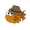Sticker of Orange Puffer Fish Wearing a Brown Hat Cartoon, Cute Funny Character, Flat Design