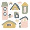 Sticker pack houses, rainbow, sun, flowers, cloud in pastel colors. Perfect for wallpapers, greeting cards, fabrics
