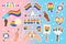 Sticker pack of LGBTQ symbols on gradient blue pink background. Set icons of the LGBT pride community.