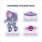 Sticker pack with violet and blue astronaut, pink planet and violet spaceship sticker univerce vector cartoon