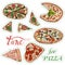 Sticker pack with whole and sliced  pizza. Hand drawn ink  and colored sketch. Perfect for leaflets, cards, posters, prints, menu.