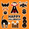 Sticker patch badge set. Count Dracula, monster, spider, bat, owl, red eye, candle. Happy Halloween. Text with pumpkin. Cute