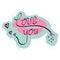 Sticker phrase Love you. Hand lettering with brush, decorated with artistic hearts, in center of lips in kiss. Vector illustration