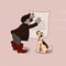 Sticker poster posting ad the year of the dog kitten mouse baby funny child happy animals drawing fun dog cartoon animal cat illu