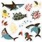 Sticker set with angry sharks, cute divers and submarine.