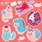 Sticker set of cute different hand drawn kawaii cats, mermaid, unicorn, dinosaur and super hero. Vector illustration