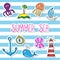 Sticker set of whale, boat, island, anchor, octopus, jelifish, l