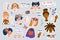 Sticker set of women of different nationalities and religions. Cute and funny girls characters with funny phrases. Feminism concep