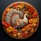 Sticker stamp round turkey with giant feathers around pumpkin leaves. Turkey as the main dish of thanksgiving for the harvest