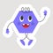 Sticker Style Cheerful Violet Hexagon Cartoon In Dancing Pose On Grey