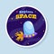 Sticker Style Explore Space Font With Spaceship Flying In Galaxy Blue