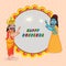 Sticker Style Happy Dussehra Font With Demon King Ravana, Lord Rama Character On Gray And Peach Dotted