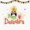 Sticker Style Happy Dussehra Font With Sparkling Stick, Demon King Ravana Face And Bunting Flags On White