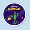Sticker Style Outer Space Font With Cartoon Alien In Galaxy Blue