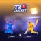 Sticker Style T20 Cricket Font With Red Ball, Participating Team A VS B Of Faceless Cricketer Players On Blue And Orange Stadium