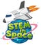 Sticker template for word STEM in space with rocket ship