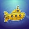 Sticker of toy yellow submarine floating deep under water