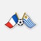 Sticker two crossed national flags of France versus Uruguay with soccer ball between them