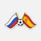 Sticker two crossed national flags of Russia and Spain with soccer ball between them