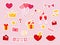 Sticker valentine s day element. Gift, heart, balloon, kiss, key, rose, candy and others for decorative. Vector illustration