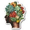 Sticker of womans head adorned with flowers, hand holding flowerpot