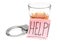 Sticker with word `HELP!`, glass of alcohol drink and handcuffs on white