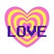 Sticker in Y2k style.Sticker in the shape of an offsetting heart with the word Love. Retro pixel font. Nostalgia for the 2000s.