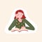 Sticker of Young woman with book. Distance learning and self education concept. Female reader with novel. Girl is