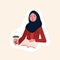 Sticker of young woman in scarf with book. Student studying with textbook. Distance education concept. Female Reader